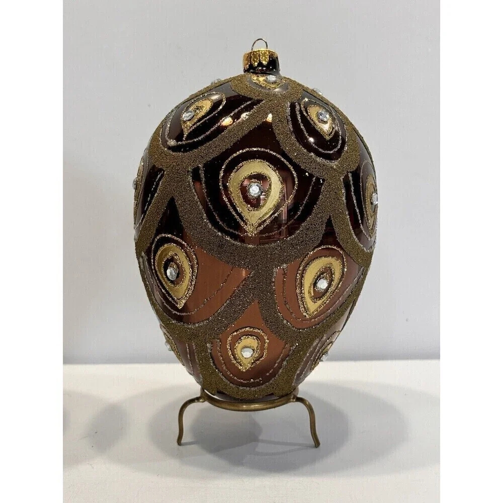 Vintage Hand Blown & Painted Glass Egg Christmas Ornament Diamond Glitter Set 2